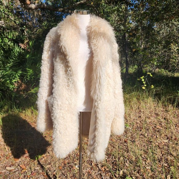Vintage Genuine Shearling Mongolian Lamb Fur Shag Curly Ivory Long Coat 70's - Picture 3 of 16